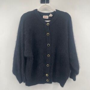 Jamie‎ Cardigan Women M Black Angora Lambswool Fuzzy Gold Button Vintage Sweater